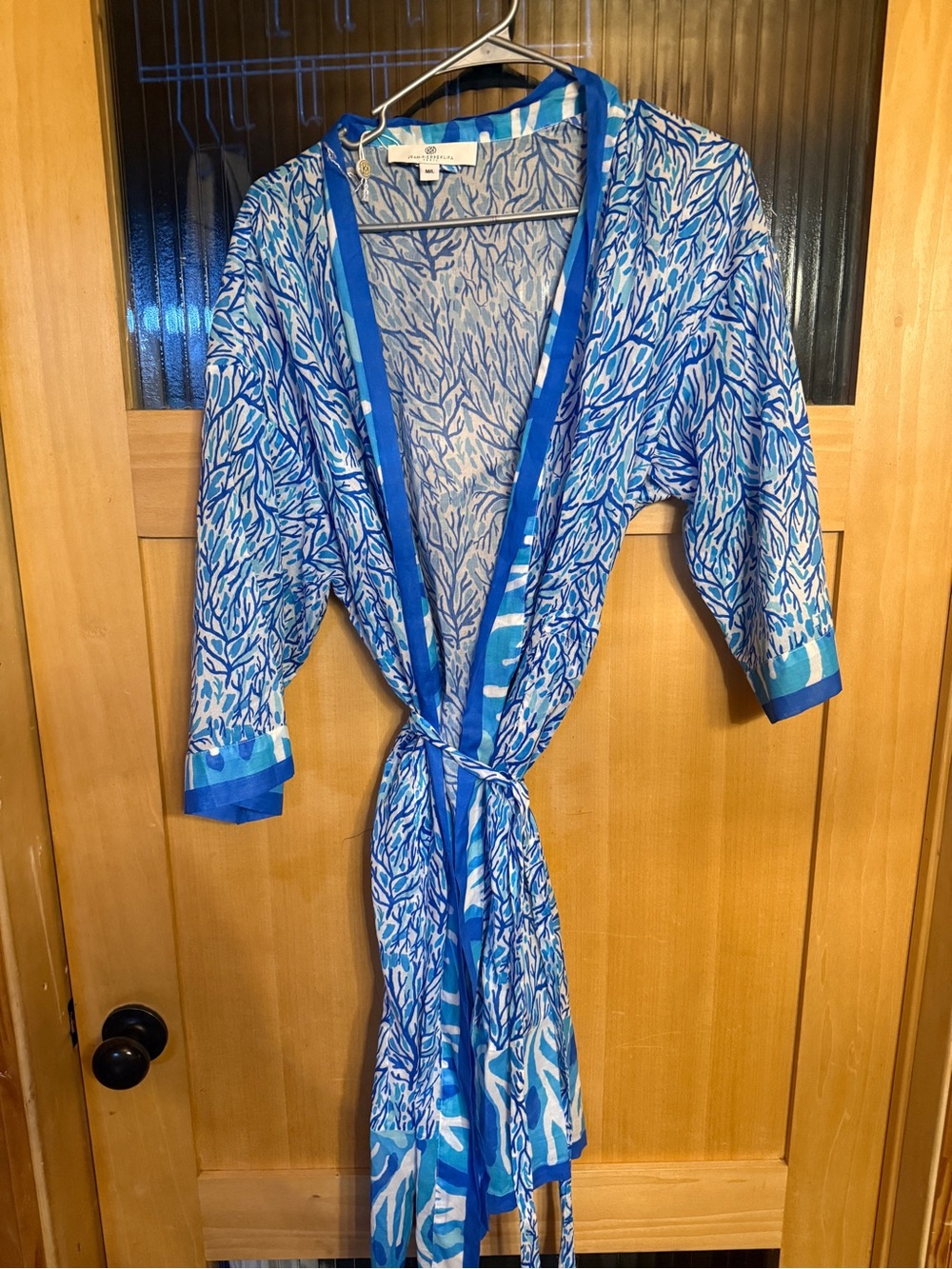 New Jean-Pierre Klifa Blue Floral Cotton Voile Kimono Robe Medium Large $159 Ret